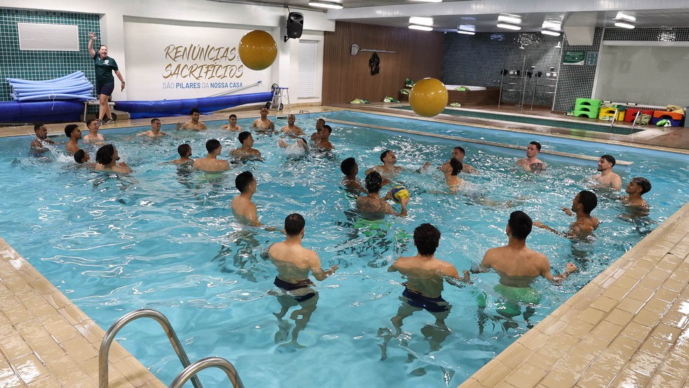 Elenco do Palmeiras se diverte com hidroginástica na piscina; veja fotos | palmeiras | ge