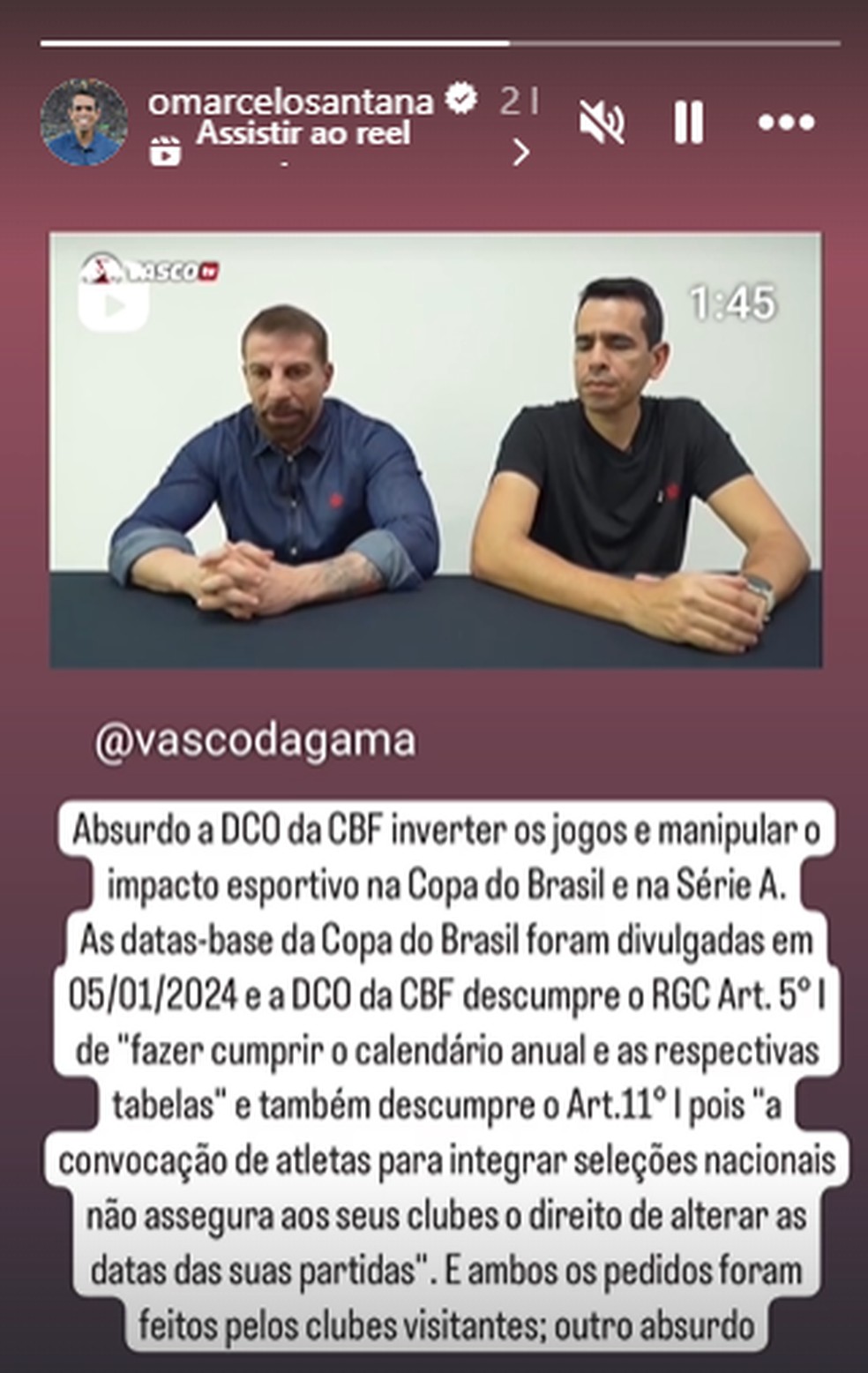 Dirigente do Vasco diz que mudança de datas da Copa do Brasil fere dois artigos do regulamento da CBF | vasco | ge