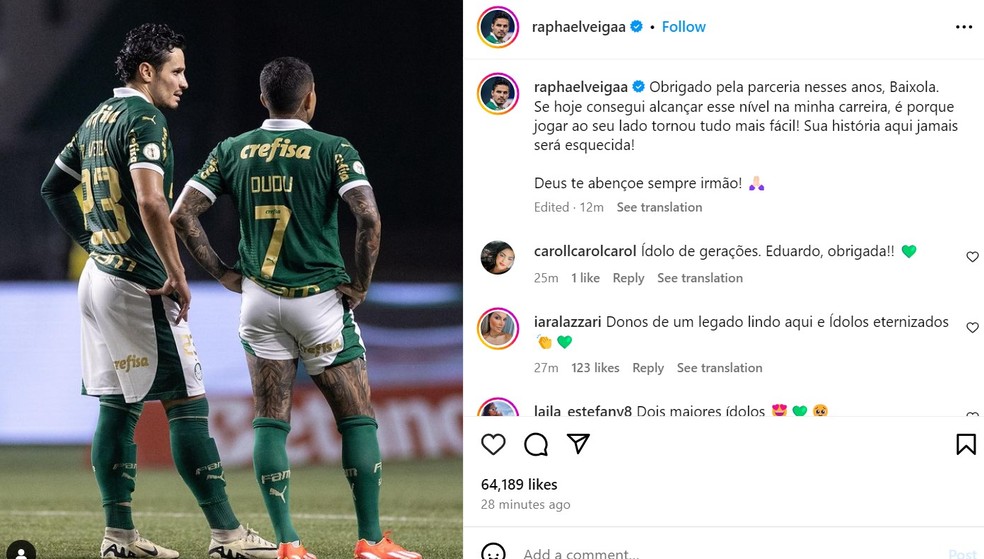 Veiga se despede de Dudu no Palmeiras: "Sua história aqui jamais será esquecida" | palmeiras | ge