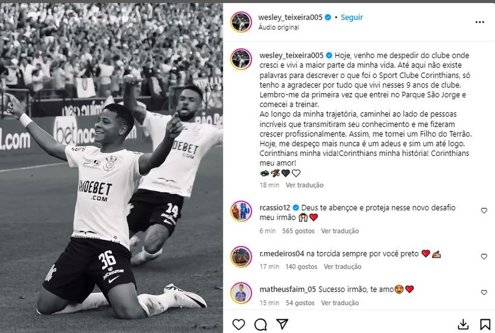 Vendido ao Al-Nassr, Wesley se despede do Corinthians: "Até logo" | corinthians | ge