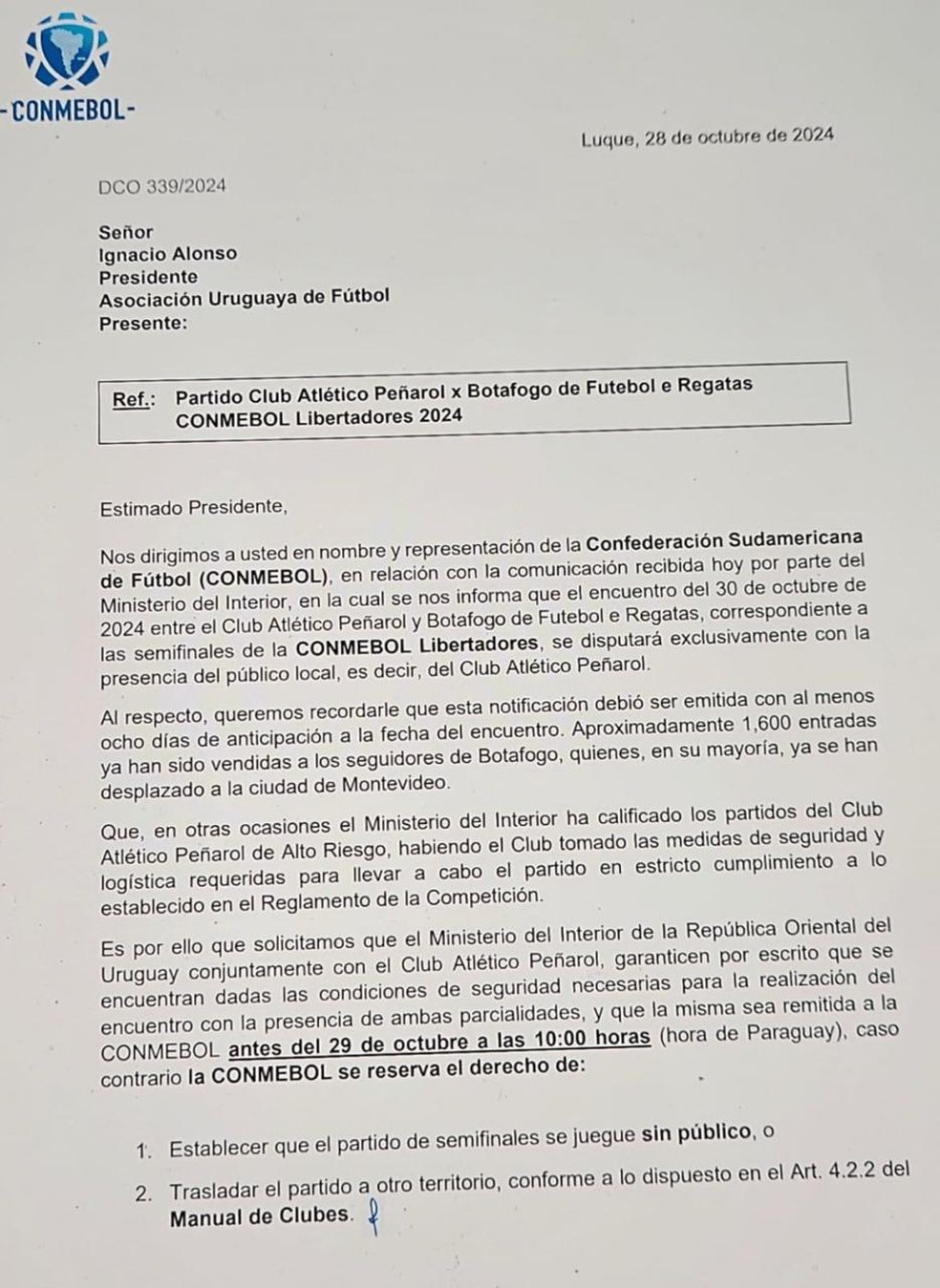 Conmebol pede garantias de segurança ao Uruguai e Peñarol, e faz ameaça de ausência de público | botafogo | ge