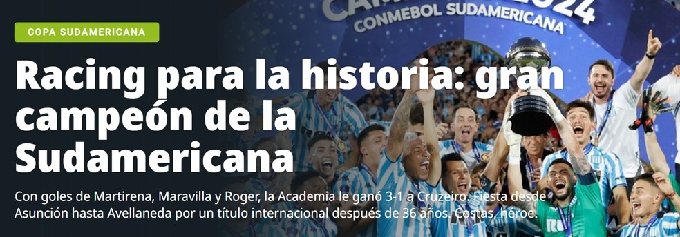 Jornais argentinos destacam título do Racing contra o Cruzeiro: "Está na história" | cruzeiro | ge