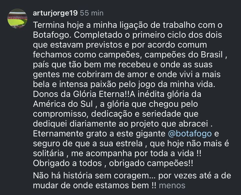 Artur Jorge se despede do Botafogo: "Não há história sem coragem" | botafogo | ge